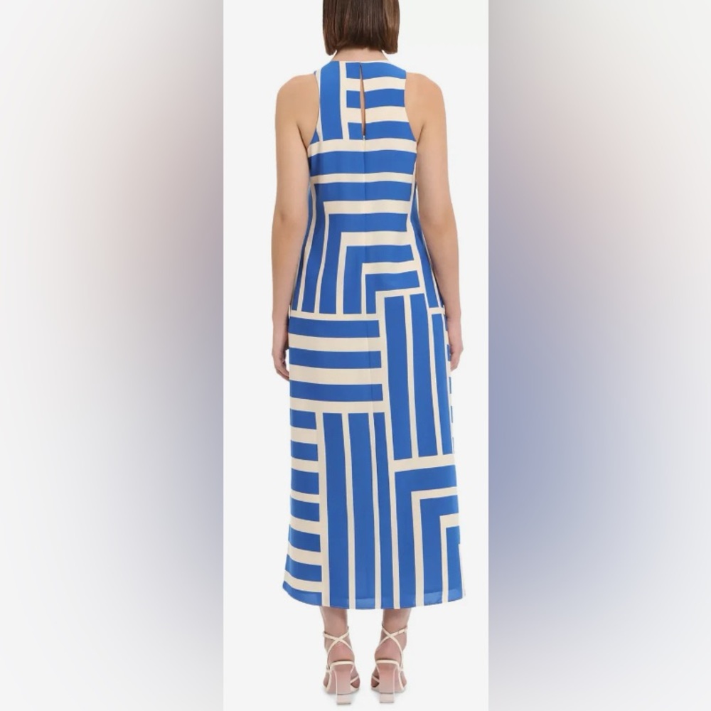Donna Morgan Blue & Cream Geo Striped Sleeveless  Midi/Maxi Dress: Size 8 - Picture 2 of 5